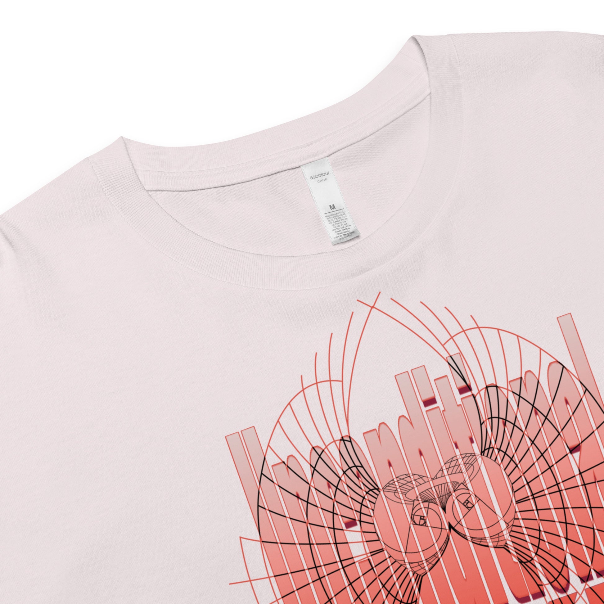 Close up of Unconditional Love design in orange on orchid color crop top featuring geometric heart design with a mindful message