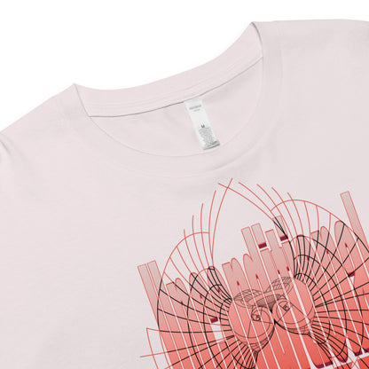 Close up of Unconditional Love design in orange on orchid color crop top featuring geometric heart design with a mindful message