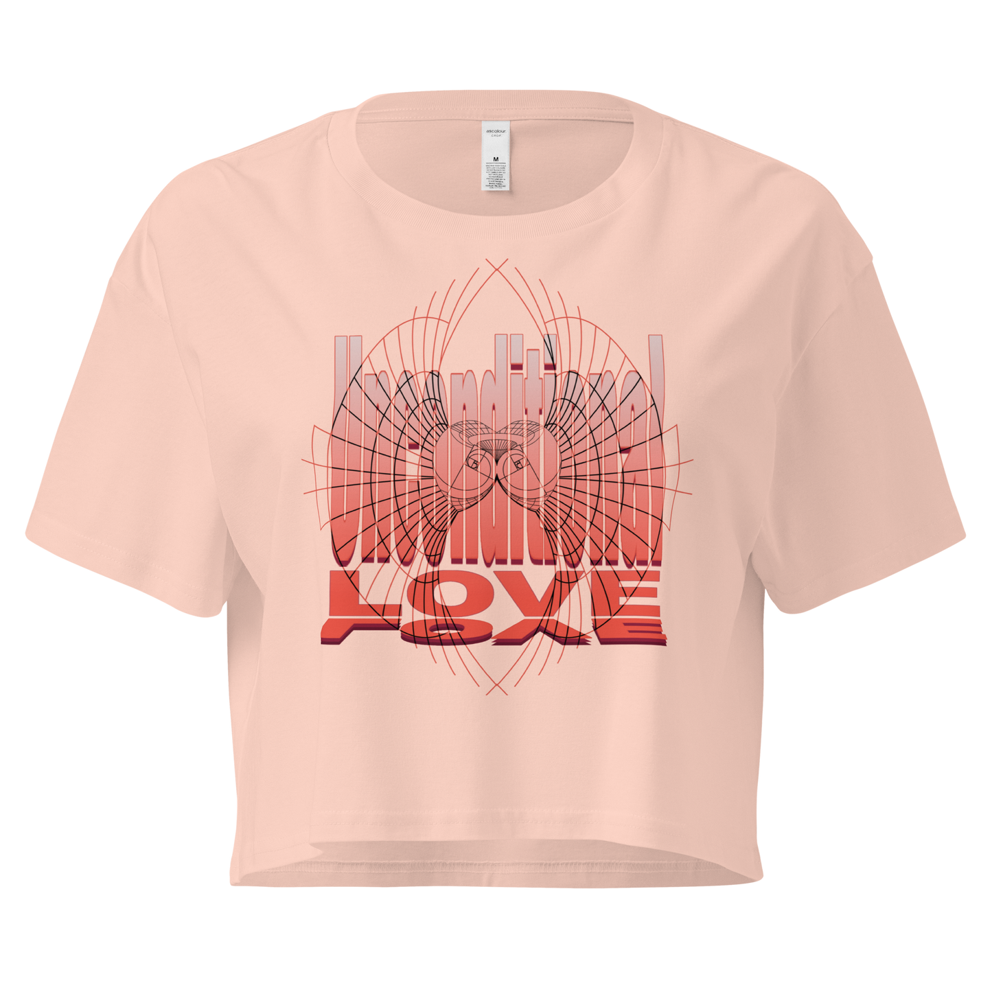 Unconditional Love design in orange on pale pink color crop top featuring geometric heart design with a mindful message